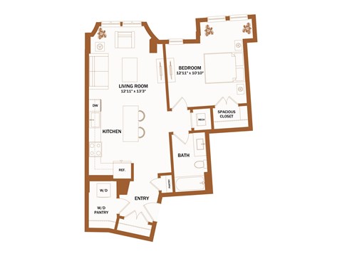 A brown floor plan of a house with a living room, kitchen, dining room, bedroom, bathroom, and entry.
